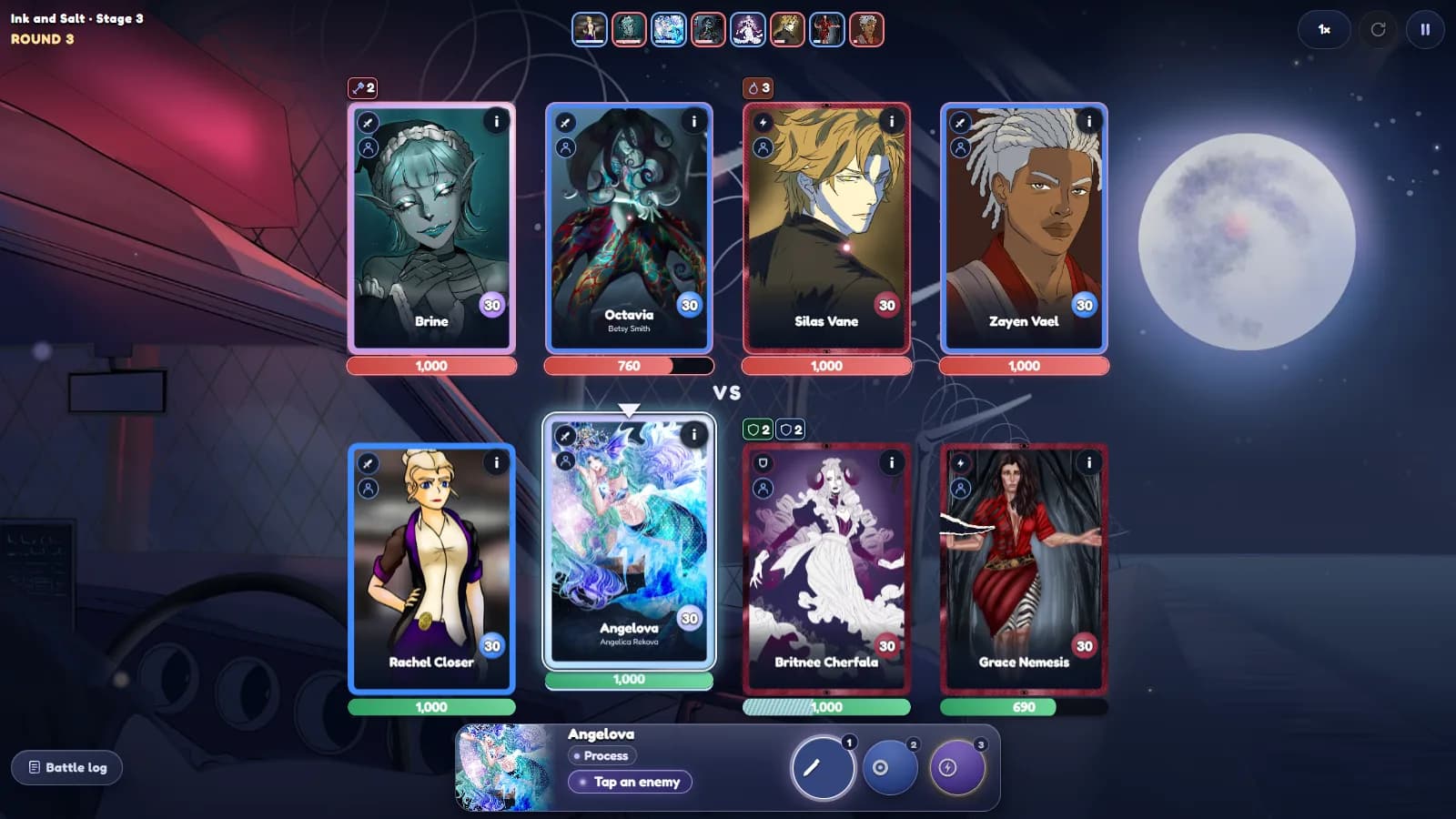A card battle: Rachel Closer, Angelova, Britnee Cherfala and Grace Nemesis face Brine, Octavia, Silas Vane and Zayen Vael. Angelova is up, waiting for a target.