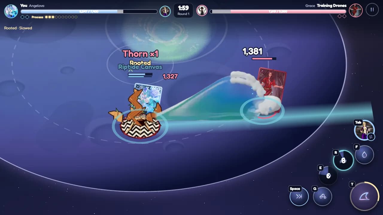 Akashic Clash on the moon: Angelova's Riptide Canvas wave hits Grace Nemesis while Grace's thorns root Angelova.